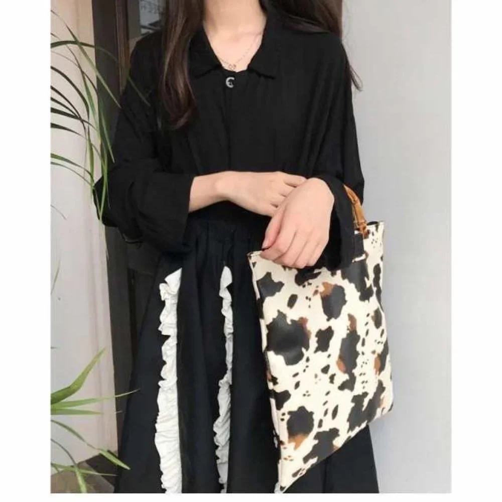 Cow Print Handbag Bamboo Handle Purse Womens Western Collapsible Top Handle Bag